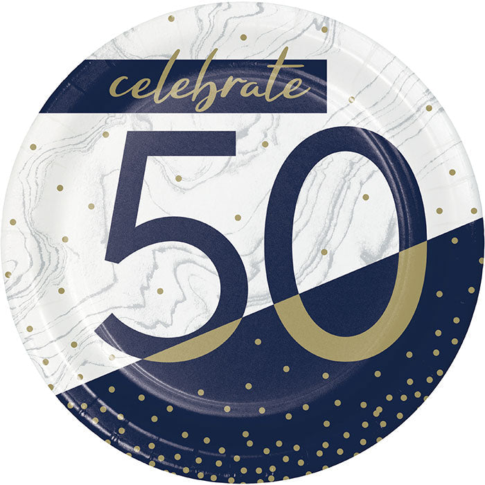 Bulk Navy and Gold 50th Birthday Paper Dessert Plates (96 per Case)