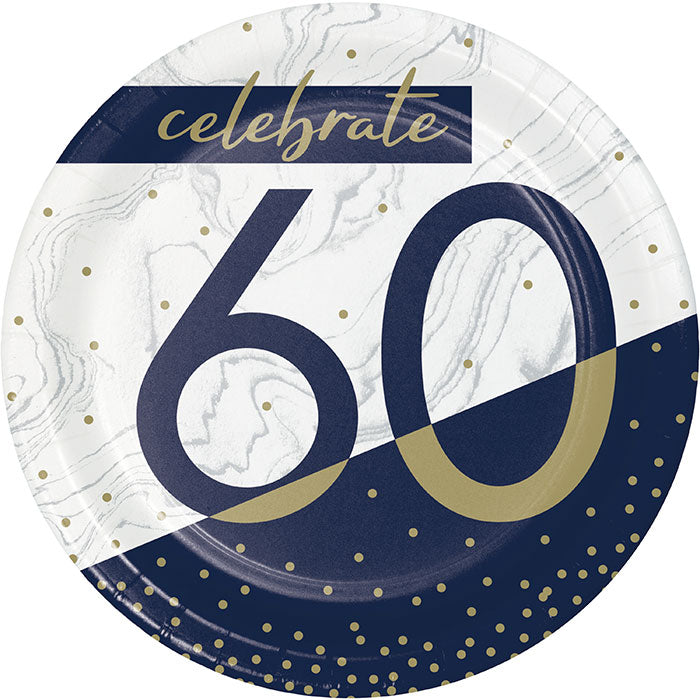 Bulk Navy and Gold 60th Birthday Paper Dessert Plates (96 per Case)