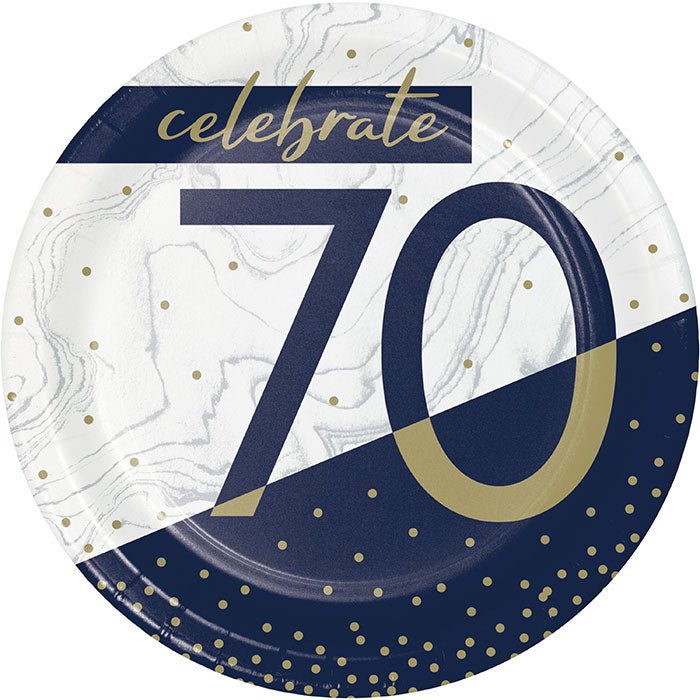 Bulk Navy and Gold 70th Birthday Paper Dessert Plates (96 per Case)