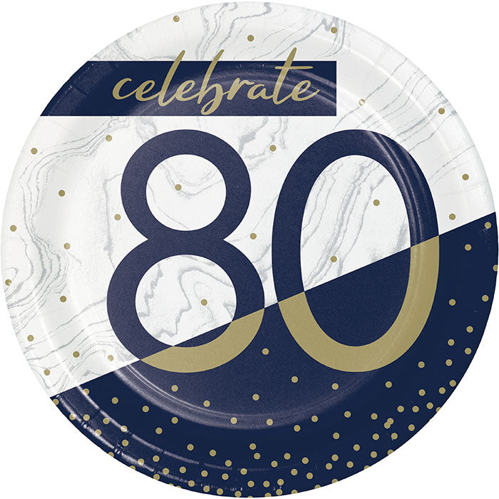 Bulk Navy and Gold 80th Birthday Paper Dessert Plates (96 per Case)