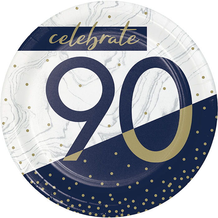 Bulk Navy and Gold 90th Birthday Paper Dessert Plates (96 per Case)