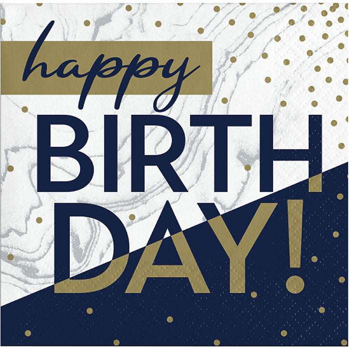 Bulk Navy and Gold Birthday Beverage Napkins (192 per Case)