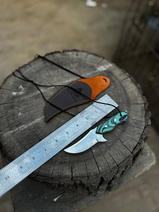 Neck Knife with Leather Sheath – Mini Damascus Pattern Blade | Green Resin Handle | JW SteelCrafts