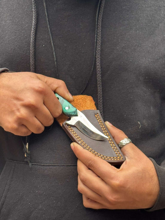 Neck Knife with Leather Sheath – Mini Damascus Pattern Blade | Green Resin Handle | JW SteelCrafts