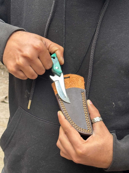 Neck Knife with Leather Sheath – Mini Damascus Pattern Blade | Green Resin Handle | JW SteelCrafts