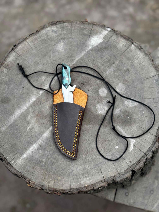 Neck Knife with Leather Sheath – Mini Damascus Pattern Blade | Green Resin Handle | JW SteelCrafts