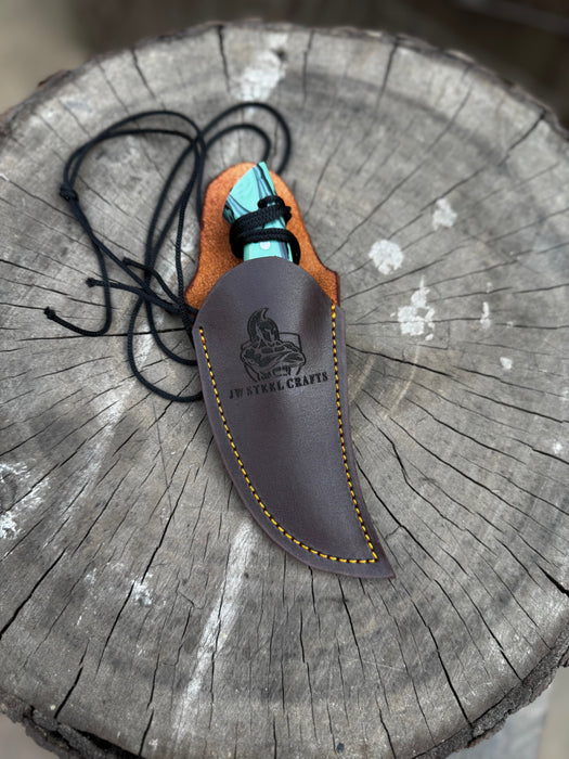Neck Knife with Leather Sheath – Mini Damascus Pattern Blade | Green Resin Handle | JW SteelCrafts