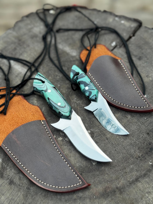 Neck Knife with Leather Sheath – Mini Damascus Pattern Blade | Green Resin Handle | JW SteelCrafts