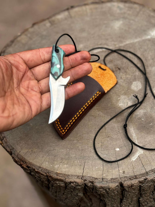 Neck Knife with Leather Sheath – Mini Damascus Pattern Blade | Green Resin Handle | JW SteelCrafts
