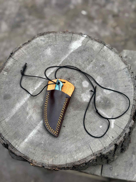 Neck Knife with Leather Sheath – Mini Damascus Pattern Blade | Green Resin Handle | JW SteelCrafts