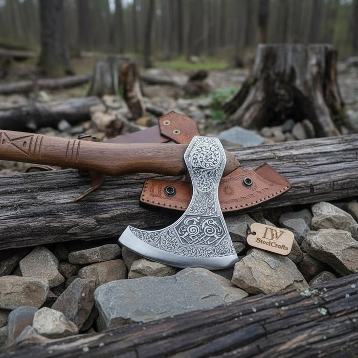 Norse Pattern Acid Etched Bushcraft Belt Viking Bearded Axe with Leather Carry Sheath