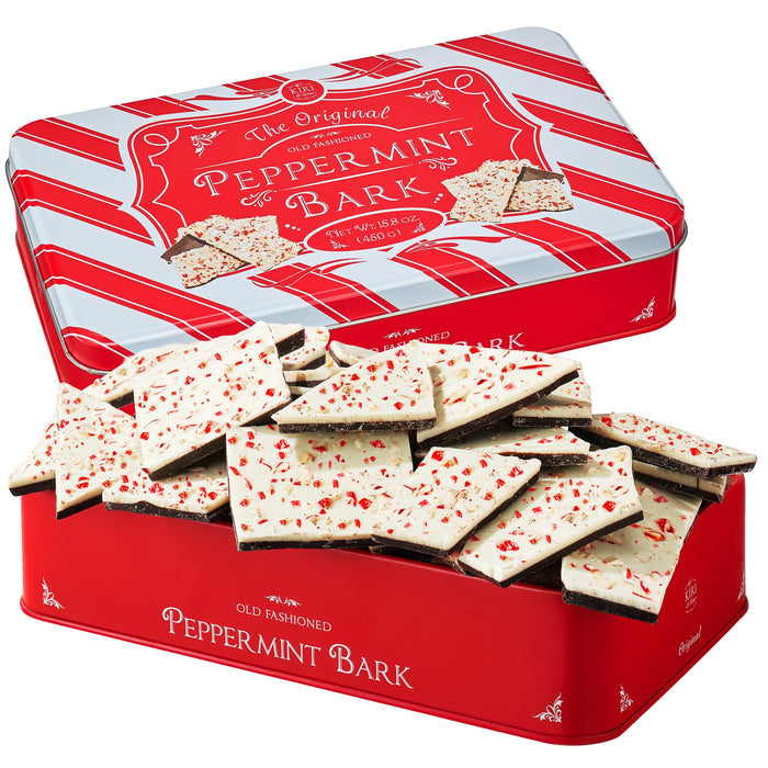 Handmade Layered Original Dark and White Chocolate Peppermint Bark - 1Lb Holiday Bark Assorted Squares - Christmas & Winter Candy, Sweets Gift Tin, Old Fashioned Treat, Stocking Stuffer