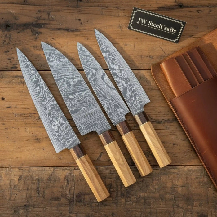 Handmade Damascus Outdoor Cooking Knife Set – 4-Piece Camp Chef Knife Set with Olive & Rosewood Handles