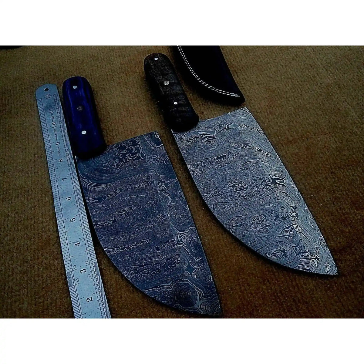 Pair of Chinese Vegetable Cleavers — Damascus Steel, Stabilized Wood ...