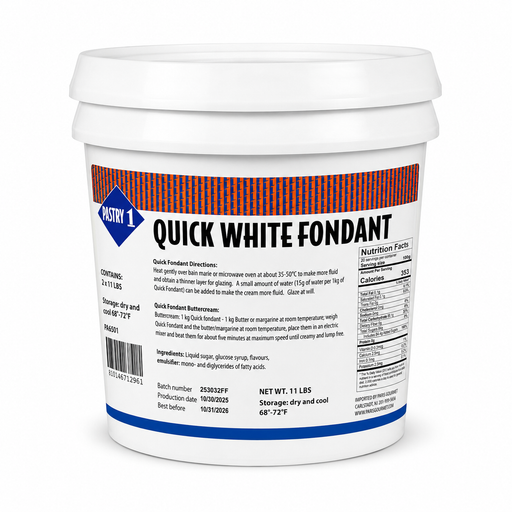 Pastry 1 Quick White Fondant in an 11 lb white plastic pail with a blue and orange label, ready-to-use for glazing and icing
