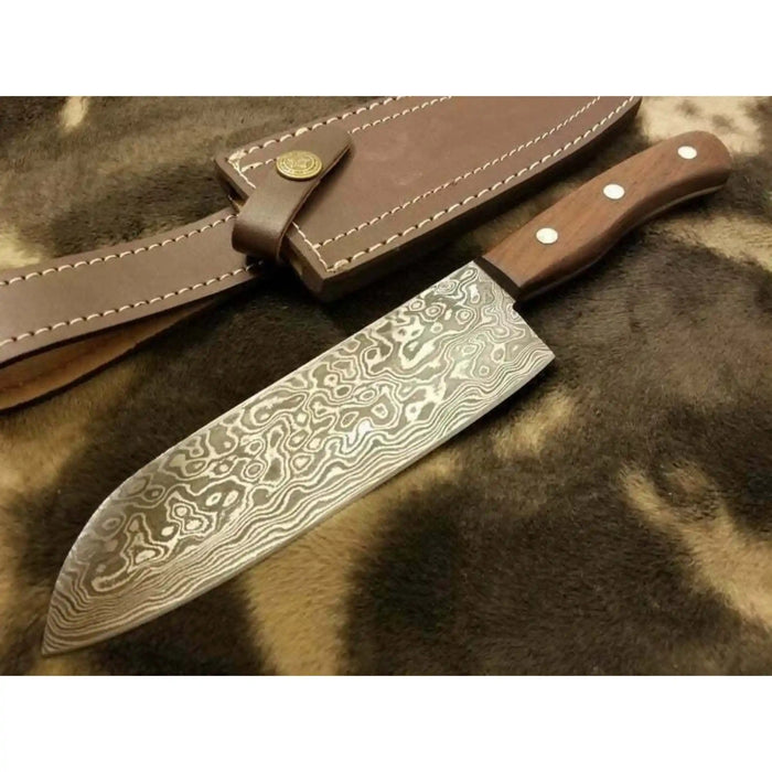 Pattern-Welded Damascus Drop Point Hunter — Full Tang, Rose wood, Premium Leather Sheath