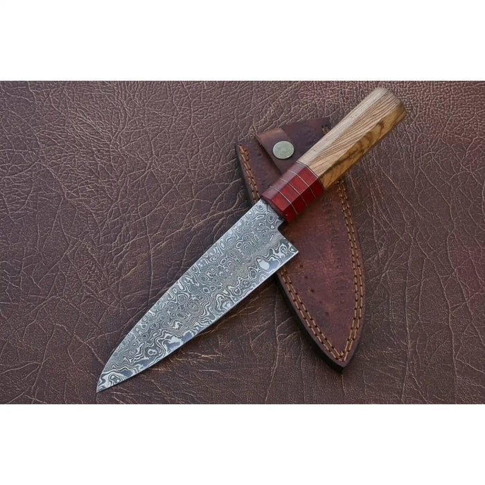Pattern-Welded Damascus Gyuto 8–9″ Professional Chef Knife with Hybrid French–Japanese Grind