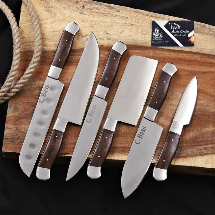Handmade 6 Piece Chef Knife Set with Leather Roll – Full Tang Kitchen Knives Set with Cleaver, Chef, Santoku, Utility & Paring
