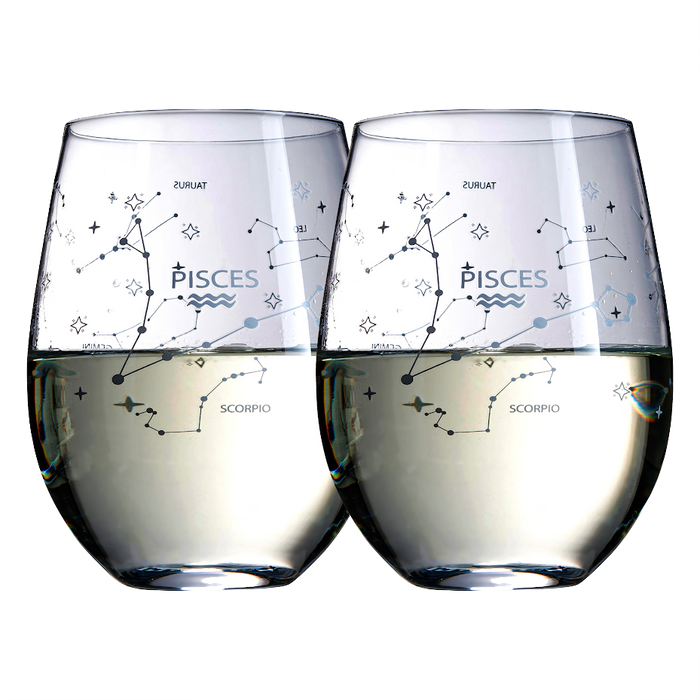 Set of 2 Zodiac Sign Wine Glasses with 2 Wooden Coasters by The Wine Savant - Astrology Drinking Glass Set with Etched Constellation Tumblers for Juice, Water Home Bar Horoscope Gifts 18oz (Pisces)