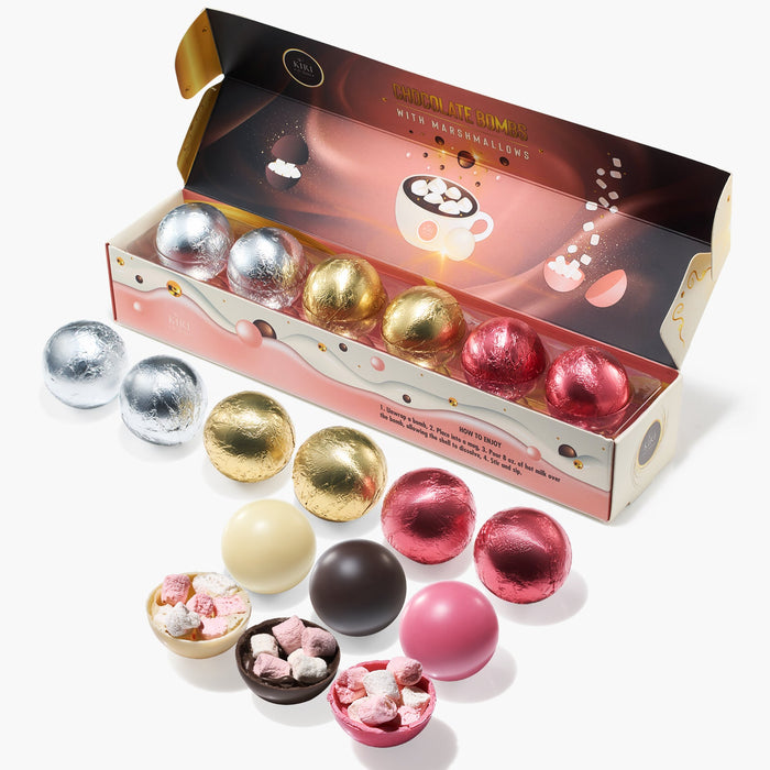 Hot Chocolate Bombs - Set of 6-3 Flavors of White, Fudge Brownie, Strawberry Chocolates - Delicious Cocoa Bombs Filled with Marshmallows - Classic Bomb Gift Set, Melting Marshmallow Delicious Gifts