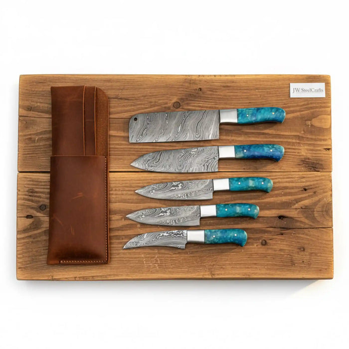 5-Piece Damascus Kitchen Prep Knife Set with Blue Resin Handles, Steel Bolsters & Leather Storage Kit