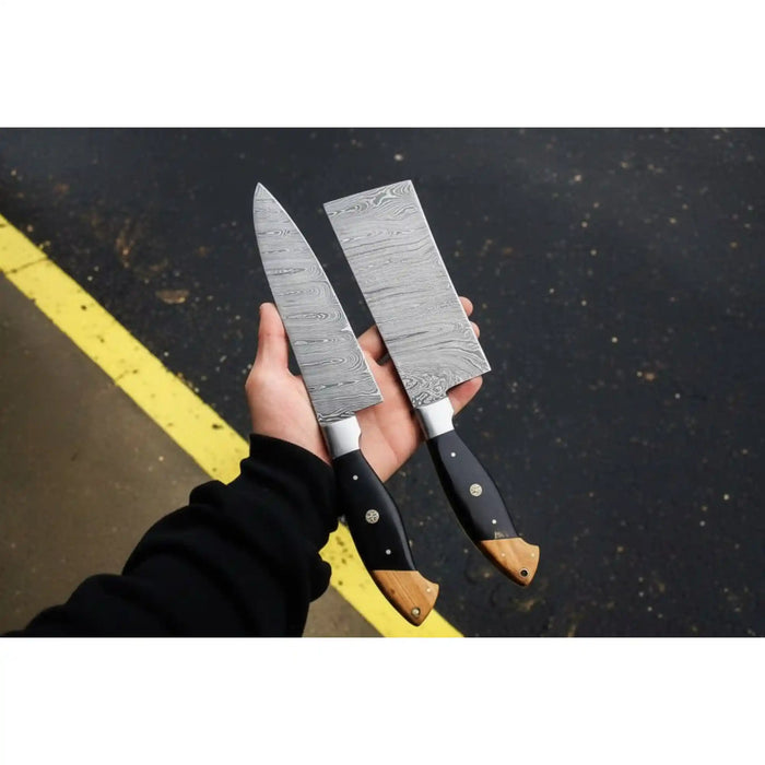 Premium Damascus Cleaver and Santoku knife Set — Olive Wood & Black Resin Handles, Full Tang Chef Knives