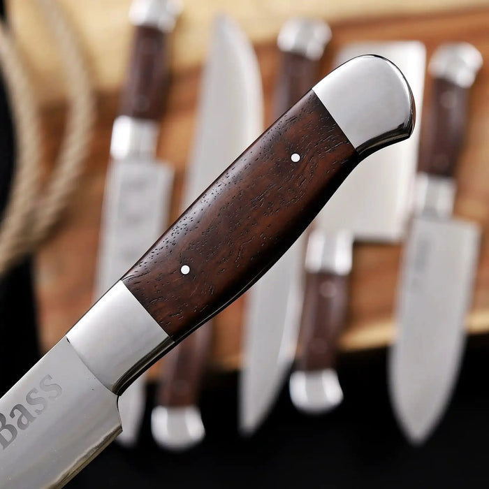 Handmade 6 Piece Chef Knife Set with Leather Roll – Full Tang Kitchen Knives Set with Cleaver, Chef, Santoku, Utility & Paring