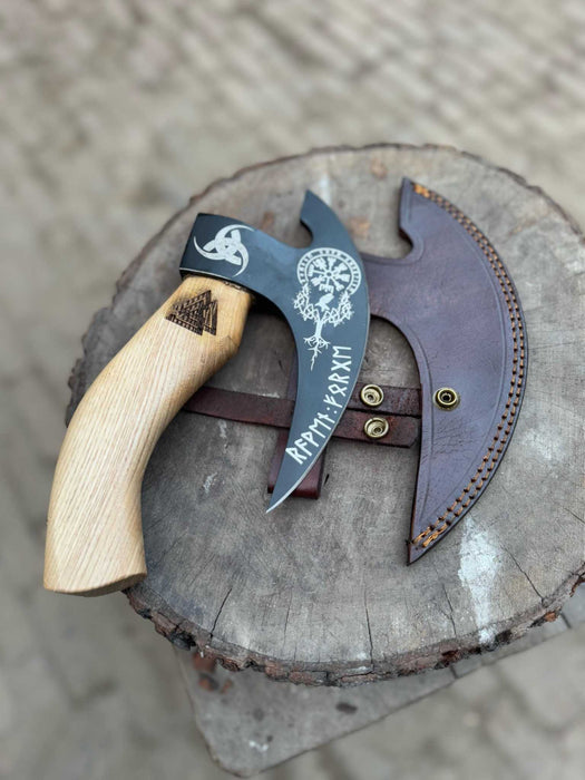 Product: Viking Style Engraved Bearded Axe – Oak Wood Handle