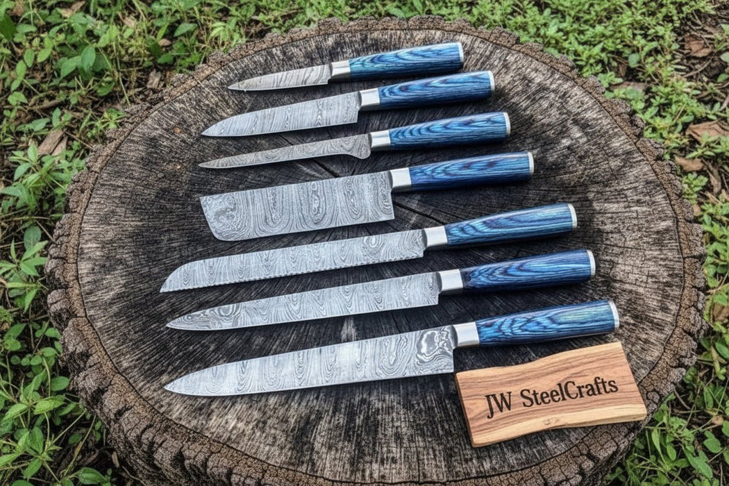 Professional Damascus Kitchen Knife Set 7 Piece Blue Stabilized Wood Handle Handmade Chef Knife Collection JW SteelCrafts