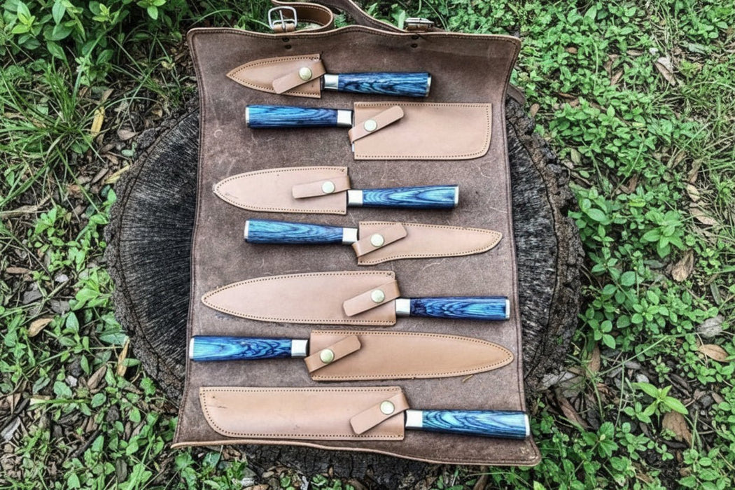 Professional Damascus Kitchen Knife Set 7 Piece Blue Stabilized Wood Handle Handmade Chef Knife Collection JW SteelCrafts