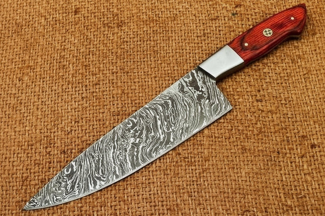 12" Professional Damascus Gyuto Chef Knife — 7" Blade, Red Pakka Wood Handle & Polished Bolster | JW SteelCrafts