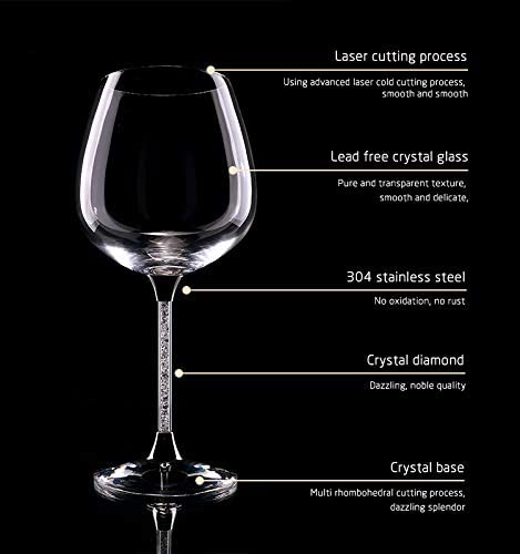 Crystal Wine Glasses Diamond Filled Stem, Large 18 Ounces