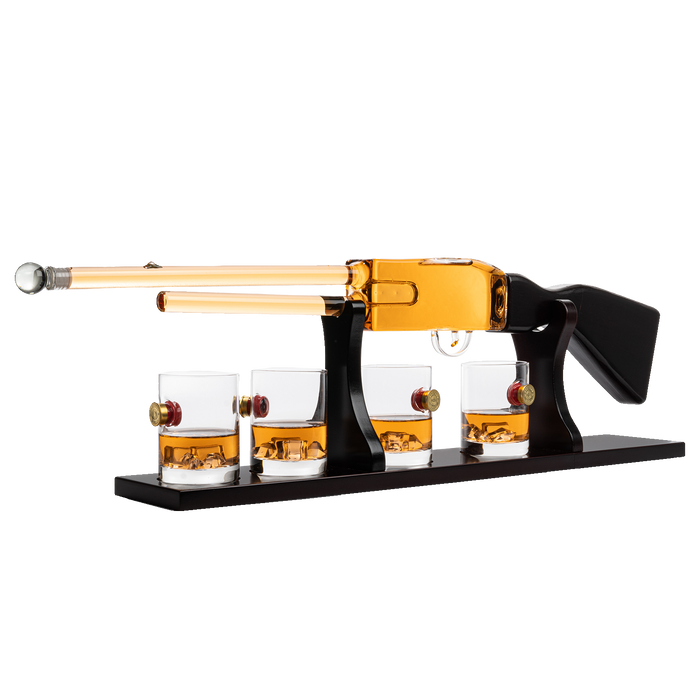 Shotgun Rifle Wine & Whiskey Decanter Set 20oz with Bullet Glasses by The Wine Savant - Firearm Shooting Gun Gifts for Men Veterans, Military, Home Bar, Law Enforcement 30" L 9.5" H
