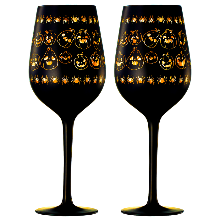 Crystal Halloween Stemmed Wine Glasses - Set of 2 - Pumpkin Themed Vibrant Black & Gold Spooky Ghost Pattern Frosted Glass, Perfect for Themed Gothic Parties Trick Or Treat Gifts for Him Her (14 OZ)