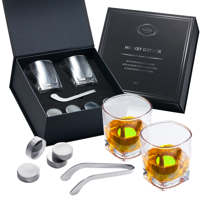 Hockey Whiskey Stones Set | 7pcs - 4 Hockey Puck Chill Stones with Cooling Gel, Hockey Stick Tongs & 2 Classy Whiskey Glasses | Prime Hockey Gifts for Coaches! | | Ideal for Him, Dad, Hockey Present