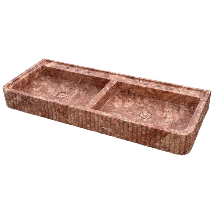 Red Travertine Double Bathroom Vanity Sink Fluted on Front and Edges (W)20" (L)48"