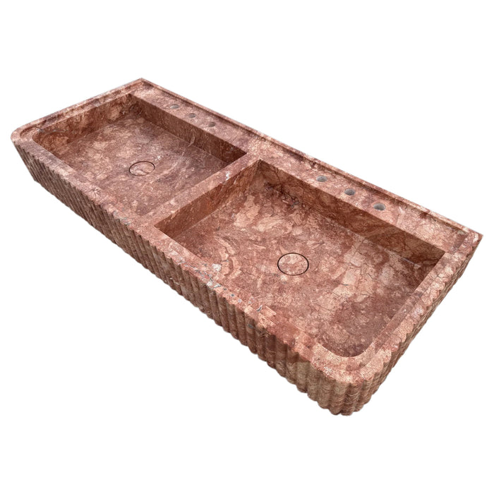 Red Travertine Double Bathroom Vanity Sink Fluted on Front and Edges (W)20" (L)48"