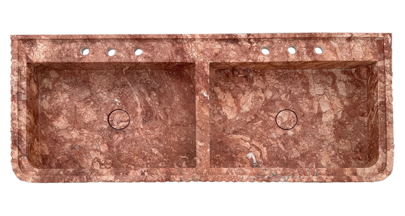 Red Travertine Double Bathroom Vanity Sink Fluted on Front and Edges (W)20" (L)48"