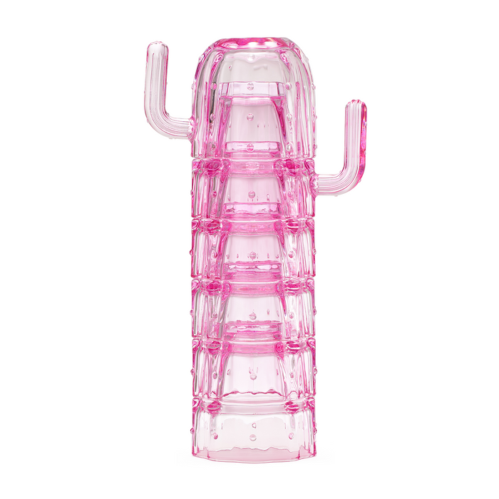 Cactus Stackable Glasses, Stacktus Gifts, Set of 6-10 oz Cactus Shape Glasses With Handles Pink Glass Blown Figurines Plant Decorations for Parties 3.5" H 5" W - Copyright Design, Patent Pending