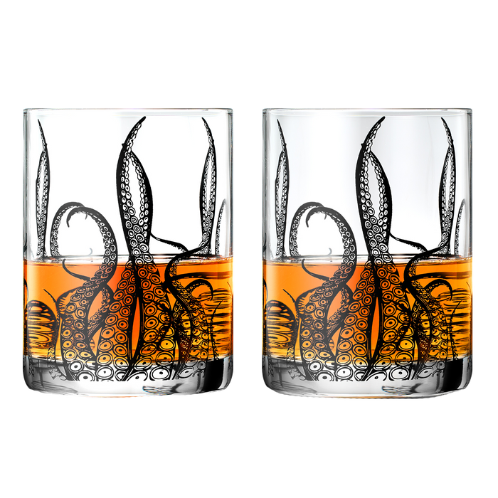 Octopus Tentacle Whiskey Glassware | Set of 2 | 9 OZ Handmade Craft Beer, Cocktail, Water, Bar Rock Glass - Kraken Tumbler Gift Set, Old Fashioned Rocks Glasses, Antique Design Extraordinary Detail