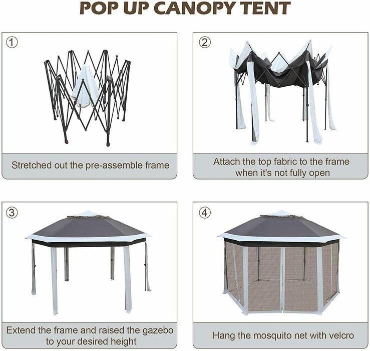 12Ft Outdoor Metal Patio Pop-Up Gazebo with Mesh Nettings for Parties and Outdoor Activities