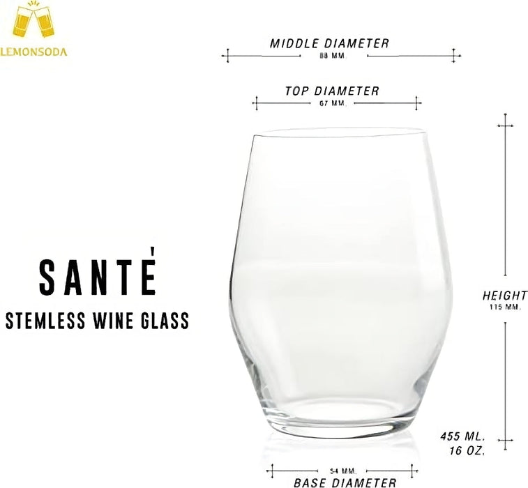 Sante Stemless Crystal Wine Glasses - Set of 6 - 15oz