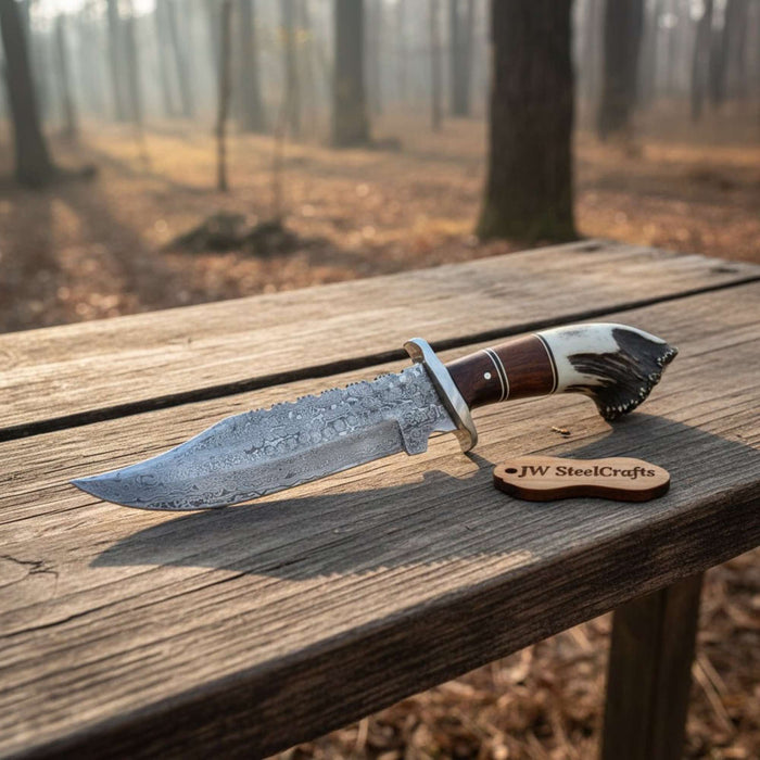 Sheffield Clip Point Bowie Knife with Damascus Steel and Crown Stag