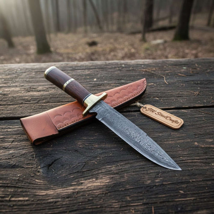 Sheffield Clip Point Damascus Bowie Knife with Hardwood Handle and Brass Guard – Handmade Fixed Blade JW SteelCrafts
