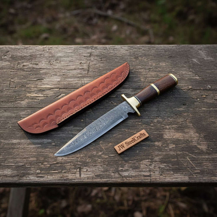 Sheffield Clip Point Damascus Bowie Knife with Hardwood Handle and Brass Guard – Handmade Fixed Blade JW SteelCrafts