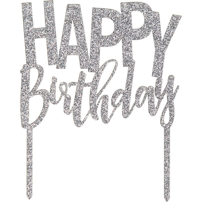 Bulk Silver Happy Birthday Cake Toppers (12 per Case)