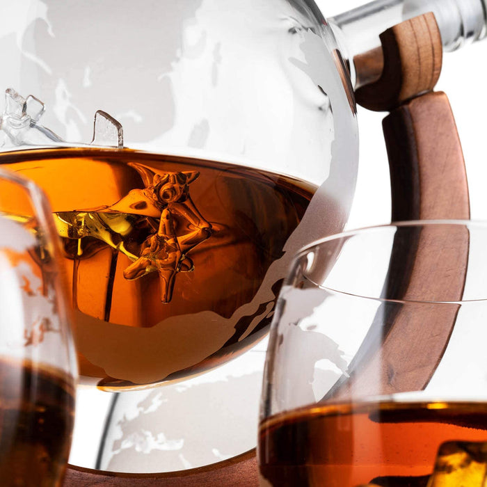 Etched World Decanter whiskey Globe - The Wine Savant Whiskey Gift Set Globe Decanter with Antique Airplane, Whiskey Stones and 4 World Map Glasses, Pilot Gift - Alcohol Related Gift, HOME BAR DECOR