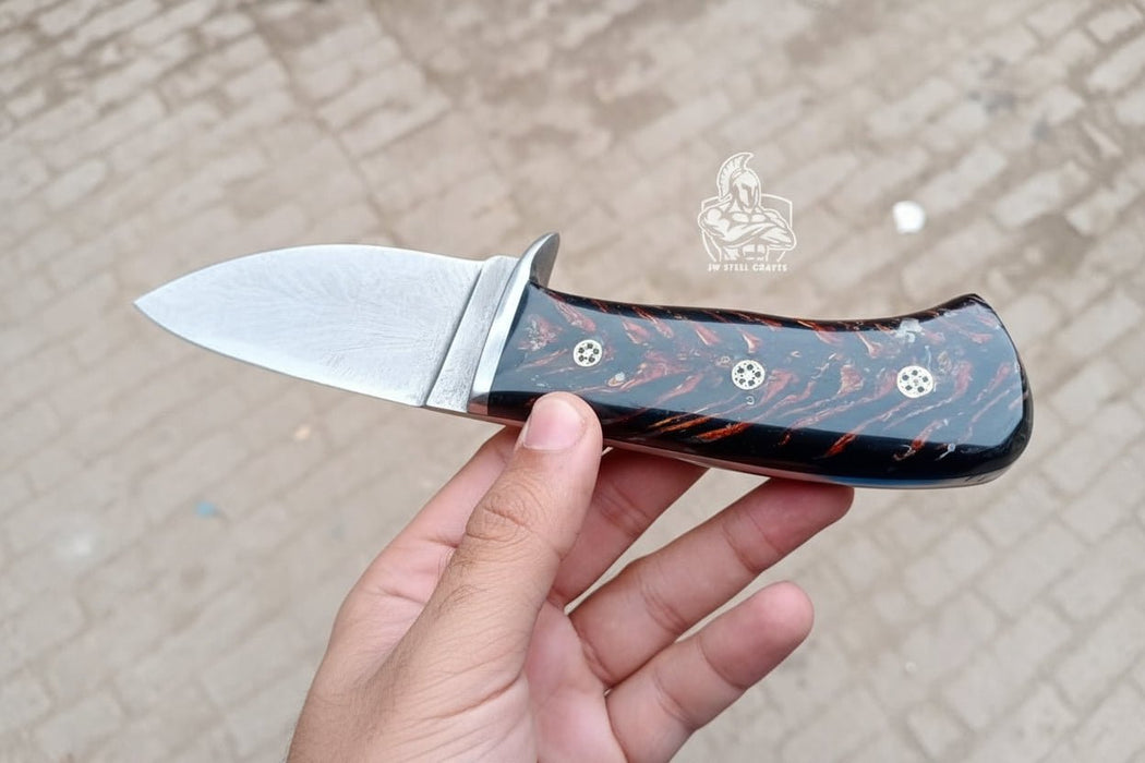 Skinner Knife, Feather Damascus Blade, Resin Handle, Fixed Blade Hunting Knife