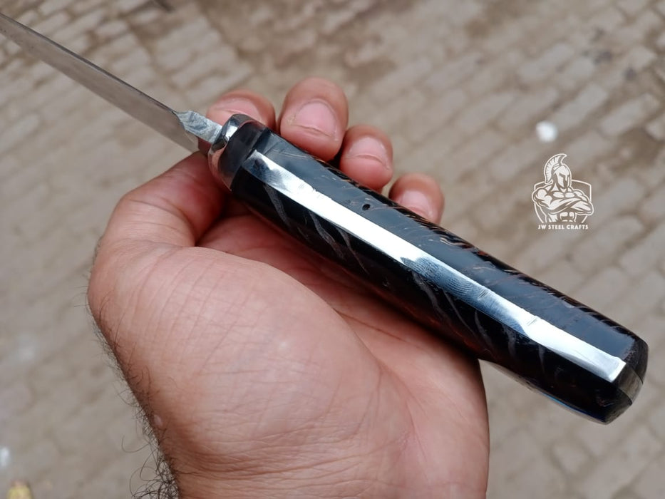 Skinner Knife, Feather Damascus Blade, Resin Handle, Fixed Blade Hunting Knife