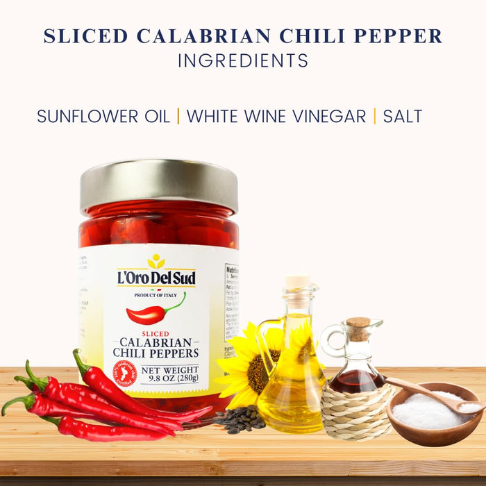 L'Oro Del Sud, Sliced Calabrian Chili Peppers, 9.8 oz  (280 g)